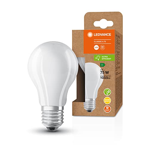 LEDVANCE LED Stromsparlampe, Matte Birne mit E27 Sockel, Warmweiß (3000K), 5 Watt, ersetzt herkömmliche 75W-Leuchtmittel, besonders hohe Energieeffizienz und stromsparend, 1er-Pack von Ledvance