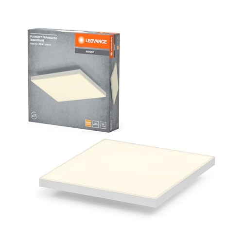 LEDVANCE Planon Frameless Deckenleuchte in Weiß mit fortschrittlicher LED-Technik, 19 W, quadratische Form (300 x 300 mm), warmweiße Lichtfarbe bei 3000 K, Aluminium-Gehäuse, mattierter PMMA-Diffuser von LEDVANCE