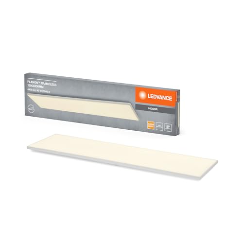 LEDVANCE Planon Frameless Deckenleuchte in Weiß mit fortschrittlicher LED-Technik, 40 W, rechteckige Form (1200 x 300 mm), warmweiße Lichtfarbe bei 3000 K, Aluminium-Gehäuse, mattierter PMMA-Diffuser von LEDVANCE