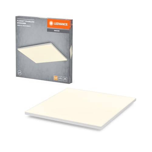 LEDVANCE Planon Frameless Deckenleuchte in Weiß mit fortschrittlicher LED-Technik, 40 W, quadratische Form (600 x 600 mm), warmweiße Lichtfarbe bei 3000 K, Aluminium-Gehäuse, mattierter PMMA-Diffuser von LEDVANCE