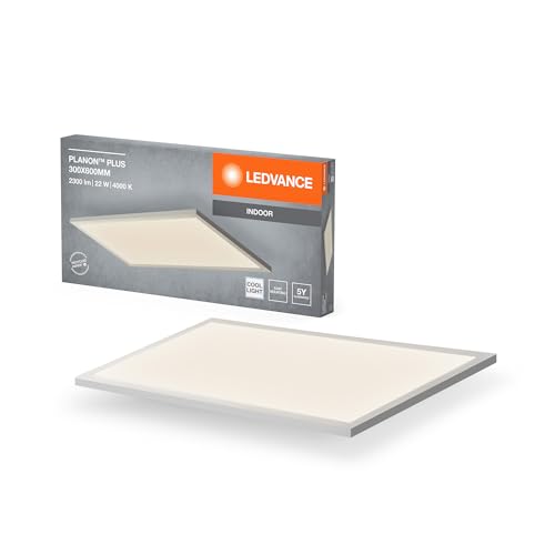 LEDVANCE Planon Plus Deckenleuchte in Weiß mit fortschrittlicher LED-Technik, 22 W, rechteckige Form (300 x 600 mm), neutralweiße Lichtfarbe bei 4000 K, Aluminium-Gehäuse, mattierter PMMA-Diffuser von LEDVANCE
