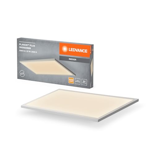 LEDVANCE Planon Plus Deckenleuchte in Weiß mit fortschrittlicher LED-Technik, 22 W, rechteckige Form (300 x 600 mm), warmweiße Lichtfarbe bei 3000 K, Aluminium-Gehäuse, mattierter PMMA-Diffuser von LEDVANCE