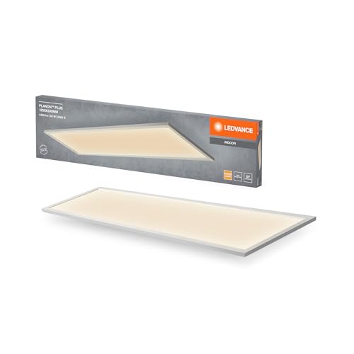 LEDVANCE Planon Plus Deckenleuchte in Weiß mit fortschrittlicher LED-Technik, 36 W, rechteckige Form (1200 x 300 mm), warmweiße Lichtfarbe bei 3000 K, Aluminium-Gehäuse, mattierter PMMA-Diffuser von LEDVANCE