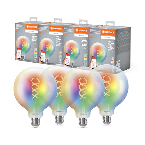 Ledvance SMART+ MATTER LED-Lampe, kompatibel mit Google, Alexa, Apple, Weißglas, 4,8W, 470lm, E27, Farblicht & Weißlicht, App- oder Sprachsteuerung, bis zu 15.000 Std. Lebensdauer, 4-Pack von Ledvance