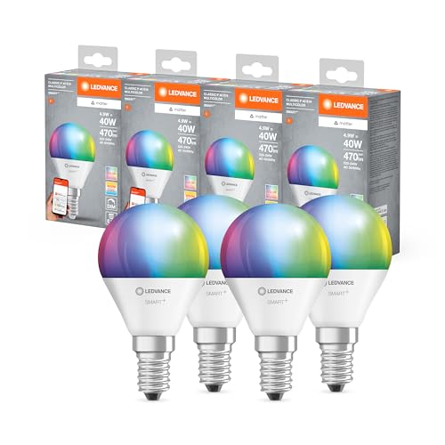 Ledvance SMART+ MATTER LED-Lampe, kompatibel mit Google, Alexa, Apple, weiße Frost-Optik, 4,9W, 470lm, E14, Farblicht & Weißlicht, App- oder Sprachsteuerung, bis zu 20.000 Std. Lebensdauer, 4-Pack von Ledvance