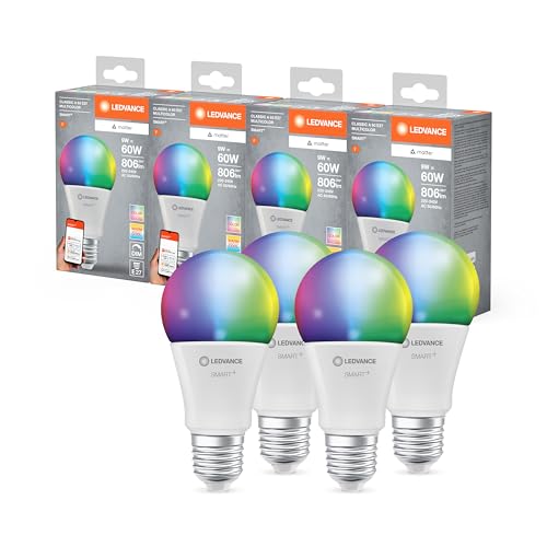 Ledvance SMART+ MATTER LED-Lampe, kompatibel mit Google, Alexa, Apple, weiße Frost-Optik, 9W, 806lm, E27, Farblicht und Weißlicht, App- oder Sprachsteuerung, bis zu 20.000 Std. Lebensdauer, 4-Pack von Ledvance