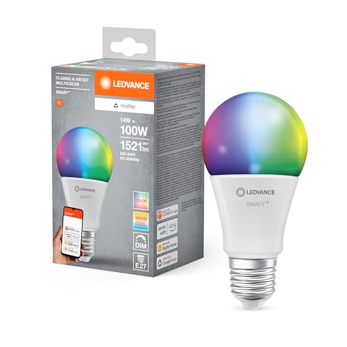 Ledvance SMART+ MATTER LED-Lampe, weiße Frost-Optik, 14W, 1521lm, klassische Glühlampenform mit E27, Farblicht und Weißlicht, App- oder Sprachsteuerung, bis zu 20.000 Std. Lebensdauer, single pack von Ledvance