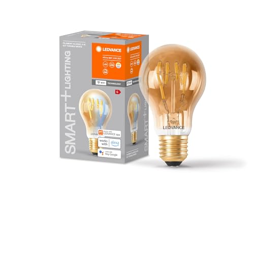 LEDVANCE SMART+ WIFI LED-Lampe, Gold-Tönung, 6W, 470lm, klassische Glühlampenform mit E27, regulierbares Weißlicht (2200-5000K), dimmbar, App- oder Sprachsteuerung, 15000 Stunden Lebensdauer,4er Pack von Ledvance