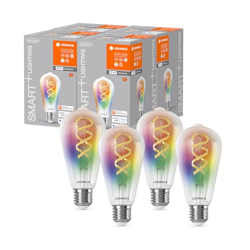 LEDVANCE SMART+ WIFI LED-Lampe, Weißglas, 4,8W, 470lm, Edison-Form mit 64mm Durchmesser & E27, regulierbares Farb- & Weißlicht, dimmbar, steuerbar per App od. Sprachsteuerung,gute Lebensdauer,4er Pack von Ledvance