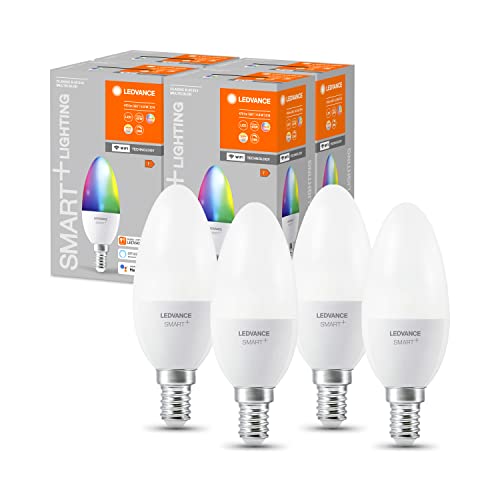 LEDVANCE Smarte LED-Lampe mit WiFi Technologie, Sockel E14, Dimmbar, Lichtfarbe änderbar (2700-6500K), RGB Farben änderbar, ersetzt Glühlampen mit 40 W, SMART+ WiFi Candle Multicolour, 4er-Pack von Ledvance