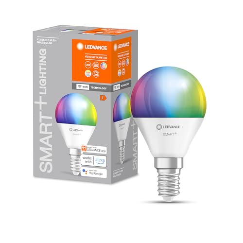 LEDVANCE Smarte LED-Lampe mit WiFi Technologie, Sockel E14, Dimmbar, Lichtfarbe (2700-6500K), RGB Farben änderbar, ersetzt Glühlampen 40 W, SMART+ WiFi Mini Bulb Multicolour, 1er-Pack von Ledvance