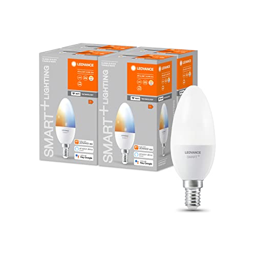 LEDVANCE Smarte LED-Lampe mit WiFi Technologie, Sockel E14, Dimmbar, Lichtfarbe änderbar (2700-6500K), ersetzt Glühlampen mit 40 W, SMART+ WiFi Candle Tunable White, 4er-Pack von Ledvance