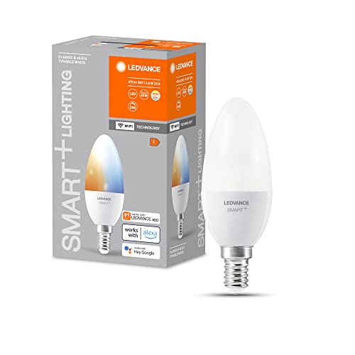 LEDVANCE Smarte LED-Lampe mit WiFi Technologie, Sockel E14, Dimmbar, Lichtfarbe änderbar (2700-6500K), ersetzt Glühlampen mit 40 W, SMART+ WiFi Candle Tunable White, 4er-Pack von Ledvance