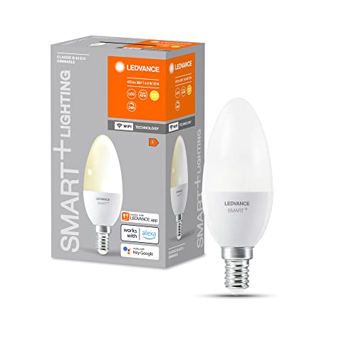 LEDVANCE Smarte LED-Lampe mit WiFi Technologie, Sockel E14, Dimmbar, Warmweiß (2700 K), ersetzt Glühlampen mit 40 W, SMART+ WiFi Candle Dimmable, 4er-Pack von Ledvance