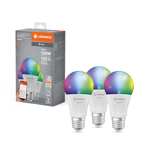 LEDVANCE Smarte LED-Lampe mit WiFi Technologie, Sockel E27, Dimmbar, Lichtfarbe änderbar (2700-6500K), RGB Farben änderbar, ersetzt Glühlampen mit 100 W, SMART+ WiFi Classic Multicolour, 3er-Pack von LEDVANCE