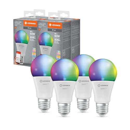 LEDVANCE Smarte LED-Lampe mit WiFi Technologie, Sockel E27, Dimmbar, Lichtfarbe änderbar (2700-6500K), RGB Farben änderbar, ersetzt Glühlampen mit 60 W, SMART+ WiFi Classic Multicolour, 4er-Pack, Weiß von LEDVANCE
