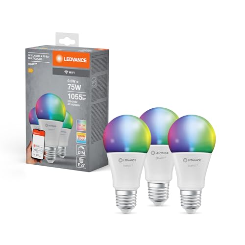 LEDVANCE Smarte LED-Lampe mit WiFi-Technologie für E27-Sockel, matte Optik ,RGBW-Farben änderbar, Lichtfarbe änderbar (2700K-6500K), 1055 Lumen, Ersatz für herkömmliche 75W-Leuchtmittel, 3-er Pack von LEDVANCE
