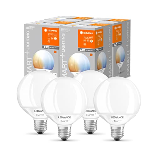 LEDVANCE Smarte LED-Lampe mit Wifi Technologie, E27, Dimmbar, Lichtfarbe änderbar (2700-6500K), Globeform, Matt, Ersatz für herkömmliche 100W-Glühbirnen, steuerbar mit Alexa, Google & App, 4er-Pack von Ledvance