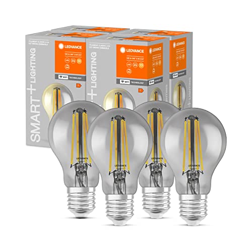 LEDVANCE Smarte LED-Lampe mit Wifi Technologie, E27, Dimmbar, Warmweiß, Birnenform, Klares Filament im Rauchglas, Ersatz für herkömmliche 44W-Birnen, steuerbar mit Alexa, Google & App, 4er-Pack von Ledvance