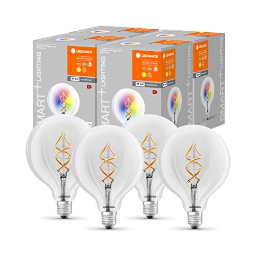 LEDVANCE Smarte LED-Lampe mit Wifi Technologie, E27, RGB, Globeform, Farbiges Filament als Stimmungslicht, Ersatz für herkömmliche 60W-Glühbirnen, steuerbar mit Alexa, Google & App, 4er-Pack von Ledvance