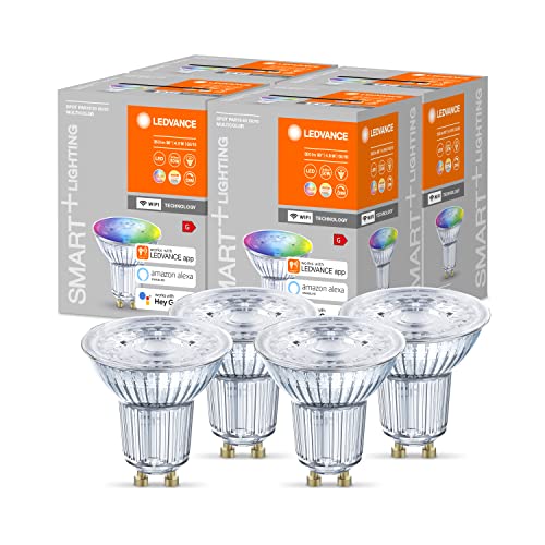 LEDVANCE Smarte LED-Reflektorlampe mit WiFi Technologie, Sockel GU10, Lichtfarbe änderbar (2700-6500K), RGB Farben änderbar, Dimmbar, ersetzt Reflektorlampen mit 50 W, SMART+ WiFi SPOT RGBW, 4er-Pack von Ledvance