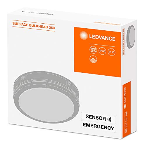 LEDVANCE Wand- und Deckenleuchte LED: für Decke/Wand, SURFACE BULKHEAD 250 SENSOR EMERGENCY, 11,50 W, 220…240 V, Ausstrahlungswinkel: 120, Cool White, 4000 K, Gehäusematerial: Polycarbonat (PC), IP65 von LEDVANCE