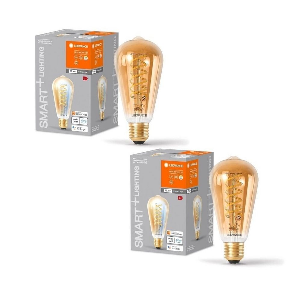 Ledvance LED-Leuchtmittel SMART Edison-Form WIFI LED-Lampe Gold E27 dimmbar Glühbirne [2er], E27, 2 St., Warm white to cool white, Goldenes Glas,2200 - 5000 K,IP20 von Ledvance