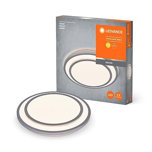 Ledvance ORBIS BERLIN LED-Deckenleuchte 490mm, silber, 36W, 4150lm, warmweiße Lichtfarbe, sehr homogene Lichtverteilung, lange Lebensdauer, fest verbautes LED-Modul, rund, IP20 Schutzklasse, 3000K von Ledvance