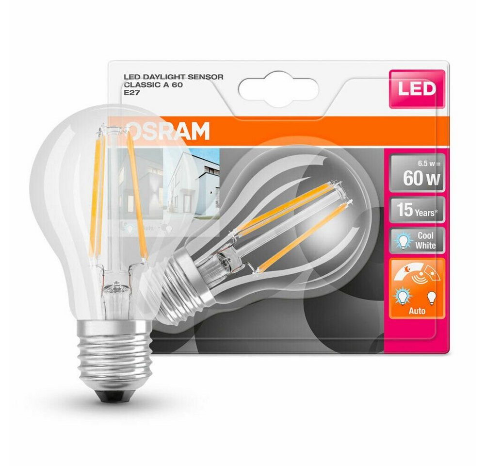 Ledvance LED-Leuchtmittel Osram LED E27 A60 Filament Klar 6.5W =60W Neutralweiß Tageslichtsensor, E27, Neutralweiß von Ledvance