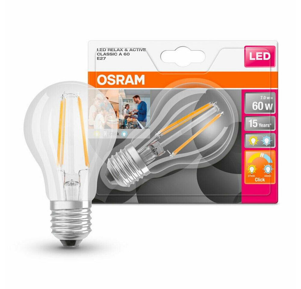 Ledvance LED-Leuchtmittel Osram LED Filament E27 A60 Klar 7W =60W Warm Kalt 806lm Relax & Active, E27, Warmweiß von Ledvance