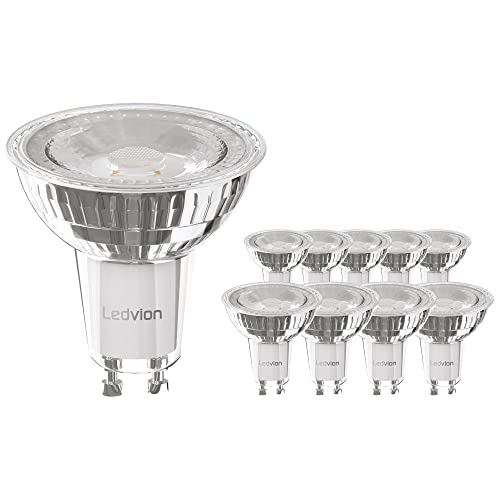 Ledvion 10x Dimmbare GU10 LED Spots, 5W, 2700K, 354 Lumen, Full Glass, LED Lampen Vorteilspackung, Leuchtmittel Strahler, 10er Pack von Ledvion
