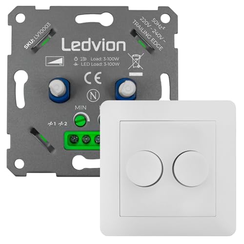 Ledvion LED Dimmer, Für Zwei3-100 Watt, Universal, Lampe LED, Einbaudimmer, Dimmschalter, Inkl. Dimmer Abdeckplatte, Dimmer- Abdeckrahmen, Dimmer LED Lampen, Phasenabschnittsdimmer LED, Inkl. Adapter von Ledvion