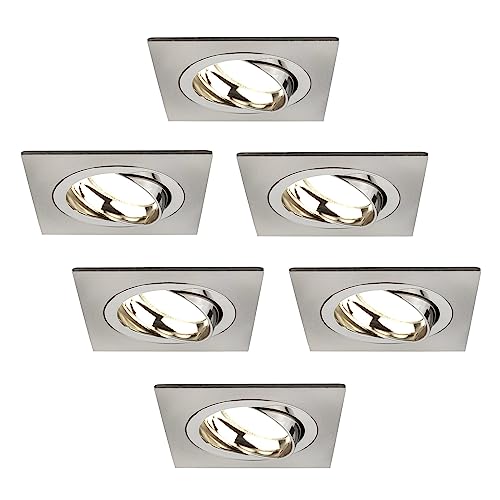 Ledvion 6er Pack LED Einbaustrahler Edelstahl, Sevilla, 5W, 2700K, 92 MM, Dimmbar, Quadrat, Bad Einbauleuchten, Deckenspots Deckenstrahler, Einbauspots, Einbaustrahler Rahmen von Ledvion