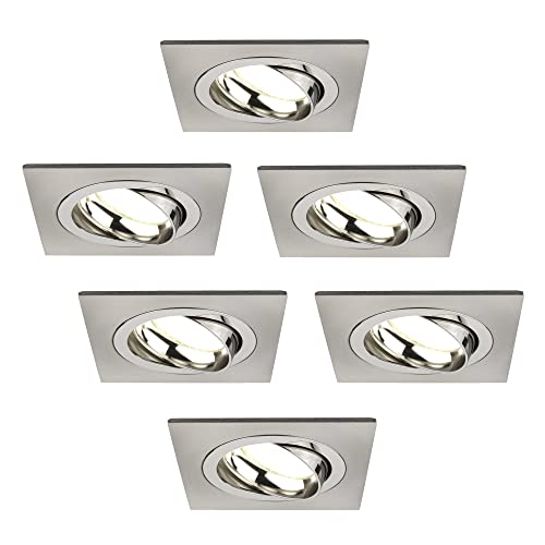 Ledvion 6er Pack LED Einbaustrahler Edelstahl, Sevilla, 5W, 4000K, 92 MM, Dimmbar, Quadrat, Bad Einbauleuchten, Deckenspots Deckenstrahler, Einbauspots, Einbaustrahler Rahmen von Ledvion