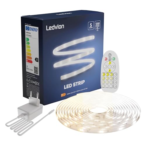 Ledvion Dimmbarer LED-Streifen 5M, 3000K-6500K, 24V, 13W, Plug & Play, Inkl. Fernbedienung, Einstellbare Farbtemperatur, 60 LEDs/m, 20cm, 2 Jahre Garantie, Ohne 2 AAA-Batterien von Ledvion
