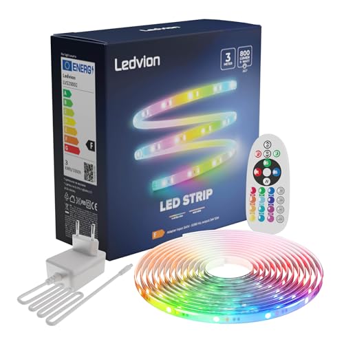 Ledvion Dimmbarer LED-Streifen 3M, RBG, 24V, 9W, Plug & Play, Inkl. Fernbedienung, 60 LEDs/m, Kürzbar auf 20cm, Einfache Installation, 2 Jahre Garantie, Ohne 2 AAA-Batterien von Ledvion