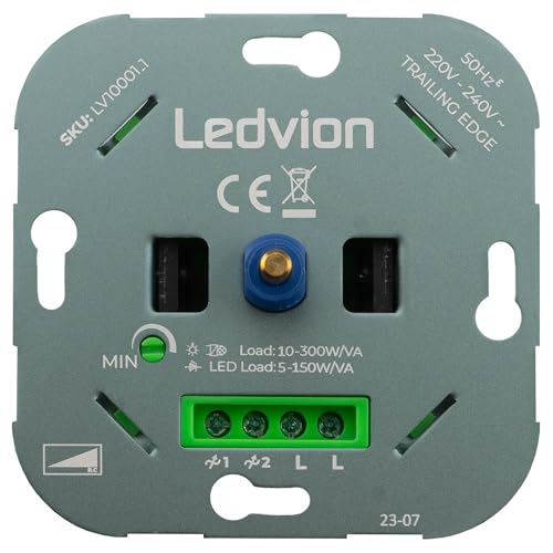 Ledvion LED Dimmer 3-250 Watt, 220-240V, Phasenabschnitt Universal, Drehdimmer Unterputz Dimmschalter Für Dimmbare LEDs, LED 3-250 Watt Und Halogen 3-300 W, Lampen von 0 auf 100% dimmen von Ledvion