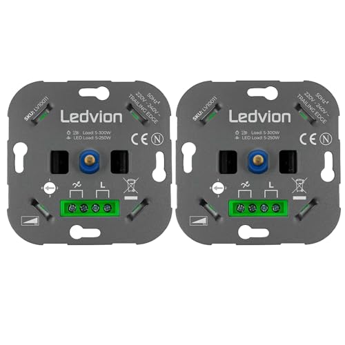 Ledvion LED Duo Dimmer Für Zwei5-250 Watt, 220-240V, Phasenabschnitt Universal, Drehdimmer Unterputz Dimmschalter Für Dimmbare LEDs, LED 2-250 Watt, Lampen von 0 auf 100% dimmen von Ledvion