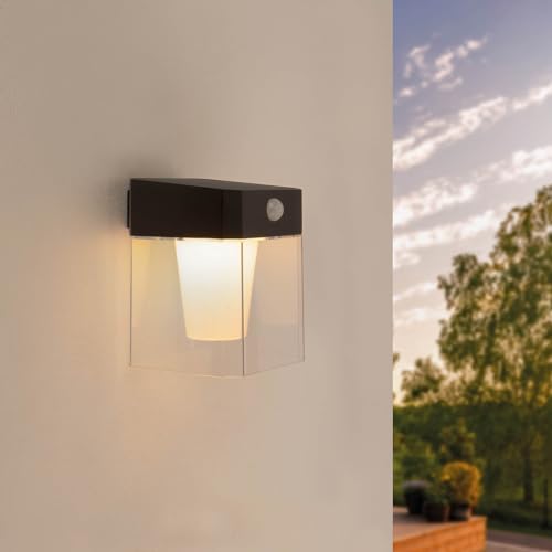 Ledvion - LED-Solar-Wandleuchte mit Bewegungssensor, quadratisch offen, schwarz, IP44, Solar, 0,5 W, 3000 K, Bewegungserkennung & Dämmerungsschalter, energieeffizient & wetterfest von Ledvion