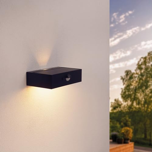 Ledvion Moderne Solar-Wandleuchte mit Bewegungssensor, Schwarz, 3W, 3000K, IP65 Wasserdicht & 220 Lumen, Bewegungserkennung & Dämmerungsschalter, Energieeffizient & Wetterfest von Ledvion