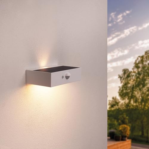 Ledvion Moderne Solar-Wandleuchte mit Bewegungssensor, Weiß, 3W, 3000K, IP65 Wasserdicht & 220 Lumen, Bewegungserkennung & Dämmerungsschalter, Energieeffizient & Wetterfest von Ledvion