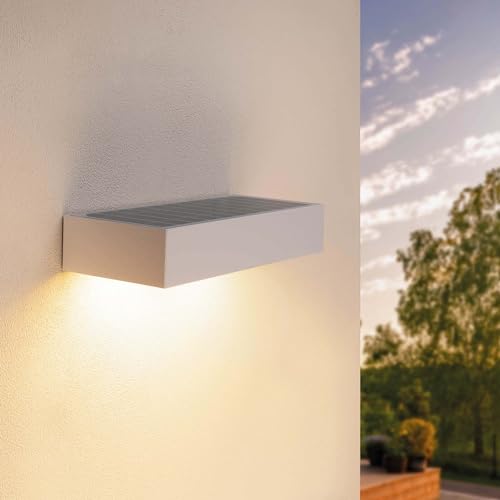 Ledvion Moderne Solar-Wandleuchte mit Bewegungssensor, Weiß, 6W, 3000K, IP65 Wasserdicht & 220 Lumen, Bewegungserkennung & Dämmerungsschalter, Energieeffizient & Wetterfest von Ledvion