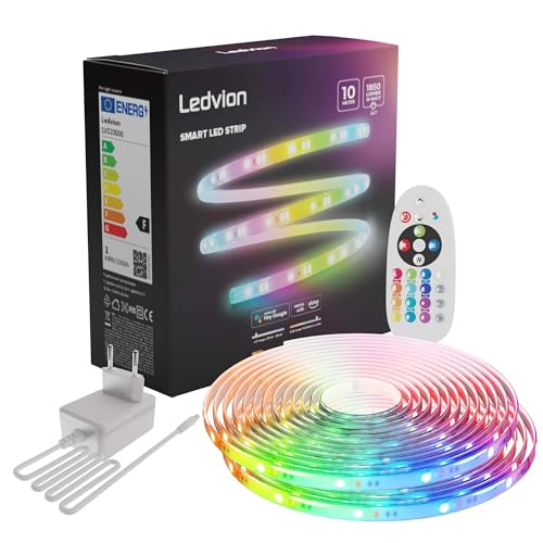 Ledvion Dimmbarer LED-Streifen 5M, RBG, 24V, 12W, Plug & Play, Inkl. Fernbedienung, 60 LEDs/m, Kürzbar auf 20cm, Einfache Installation, 2 Jahre Garantie, Ohne 2 AAA-Batterien von Ledvion