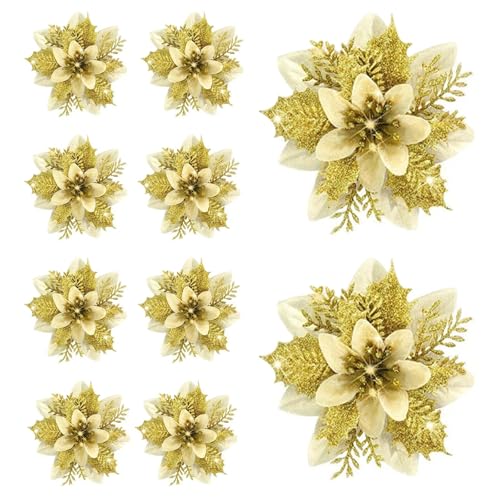 LeeQinersw 10 Stück Weihnachtsstern Künstliche Blume Weihnachtsdeko Glitter Blüten Ornamente Party Hochzeit Grab Florale Anordnung Aus PP Und Vlies für Geschenkv, Golden LeeQinersw 10 Stück Weihnachtsstern Künstliche Blume Weihnachtsdeko Glitter Blüten Ornamente Party Hochzeit Grab Florale Anordnung Aus PP Und Vlies für Geschenkv, Golden von LeeQinersw