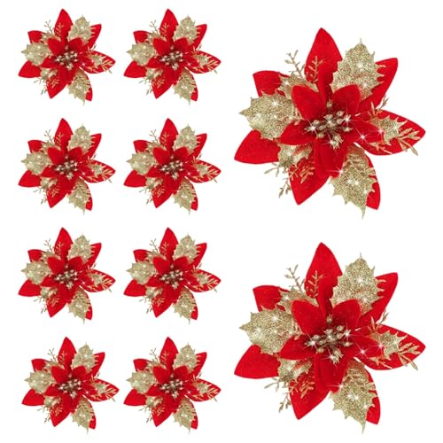 LeeQinersw 10 Stück Weihnachtsstern Künstliche Blume Weihnachtsdeko Glitter Blüten Ornamente Party Hochzeit Grab Florale Anordnung Aus PP Und Vlies für Geschenkv, Rotgolden LeeQinersw 10 Stück Weihnachtsstern Künstliche Blume Weihnachtsdeko Glitter Blüten Ornamente Party Hochzeit Grab Florale Anordnung Aus PP Und Vlies für Geschenkv, Rotgolden von LeeQinersw