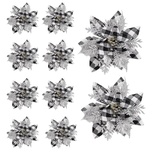LeeQinersw 10 Stück Weihnachtsstern Künstliche Blume Weihnachtsdeko Glitter Blüten Ornamente Party Hochzeit Grab Florale Anordnung Aus PP Und Vlies für Geschenkv, Schwarz-Weiss LeeQinersw 10 Stück Weihnachtsstern Künstliche Blume Weihnachtsdeko Glitter Blüten Ornamente Party Hochzeit Grab Florale Anordnung Aus PP Und Vlies für Geschenkv, Schwarz-Weiss von LeeQinersw