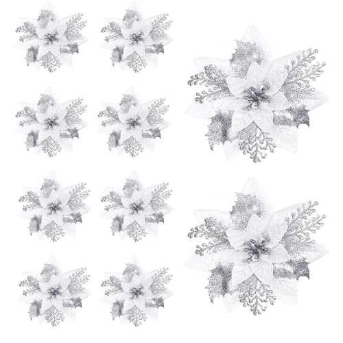 LeeQinersw 10 Stück Weihnachtsstern Künstliche Blume Weihnachtsdeko Glitter Blüten Ornamente Party Hochzeit Grab Florale Anordnung Aus PP Und Vlies für Geschenkv, Silber LeeQinersw 10 Stück Weihnachtsstern Künstliche Blume Weihnachtsdeko Glitter Blüten Ornamente Party Hochzeit Grab Florale Anordnung Aus PP Und Vlies für Geschenkv, Silber von LeeQinersw
