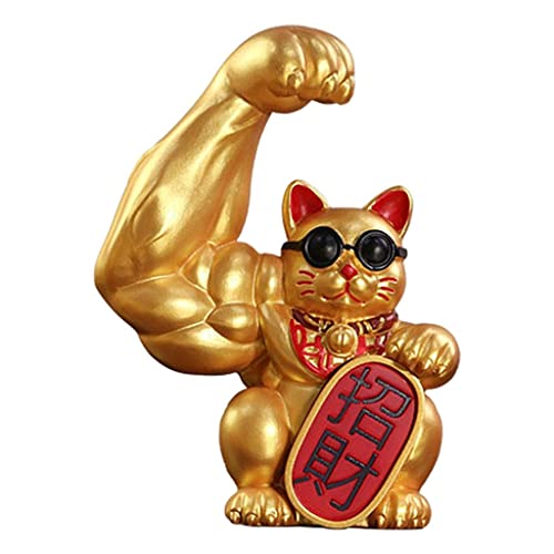 LeeQinersw Glückskatze Winkekatze Katzenfigur Statue Feng Shui Figur mit Großem Muskelarm Aus Kunstharz Als Symbol für Reichtum für Büro Schreibtisch Und von LeeQinersw