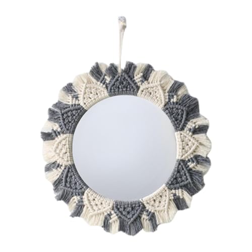 LeeQinersw Makramee Spiegel Wandbehang Schminkspiegel Boho Wandspiegel Fransenspiegel Runder Acrylspiegel Als Schicke Böhmische Wandkunst für Studentenwohnheim, Grau-weiß von LeeQinersw