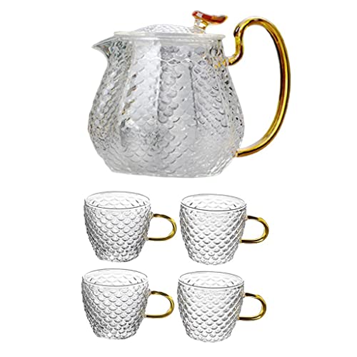Gehämmerte hohe Teekanne aus Borosilikatglas, Teetassen-Set, Haushaltsteekanne, 1 x Teekanne, 4 x Teetassen, 1 x Teekanne + 4 x Teetassen von Leeadwaey